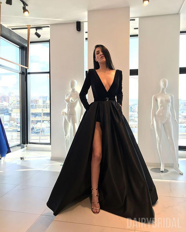 long black dress with sleeves and slit
